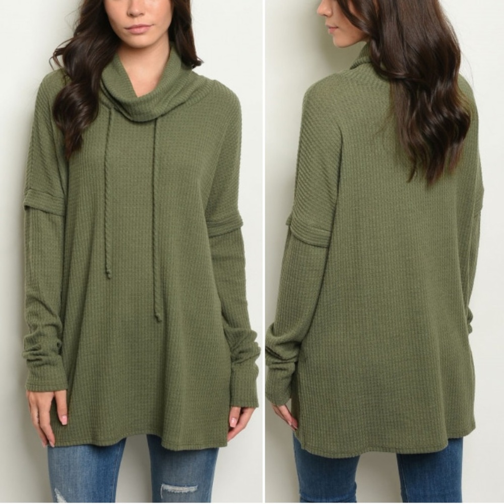 WAFFLE KNIT COWL NECK TUNIC TOP - Picture 1 of 8